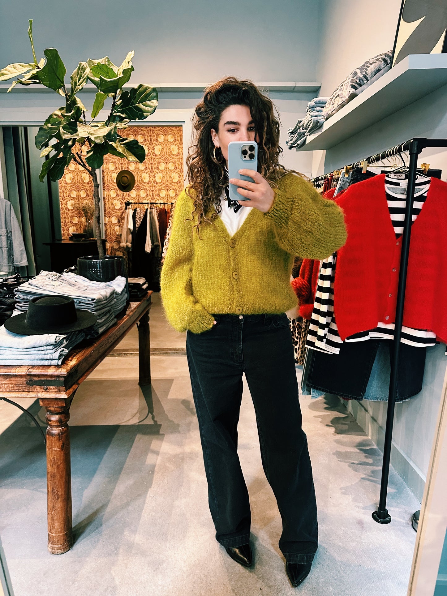 SIEM - VEST GROFGEBREID MOHAIR GROEN/GEEL