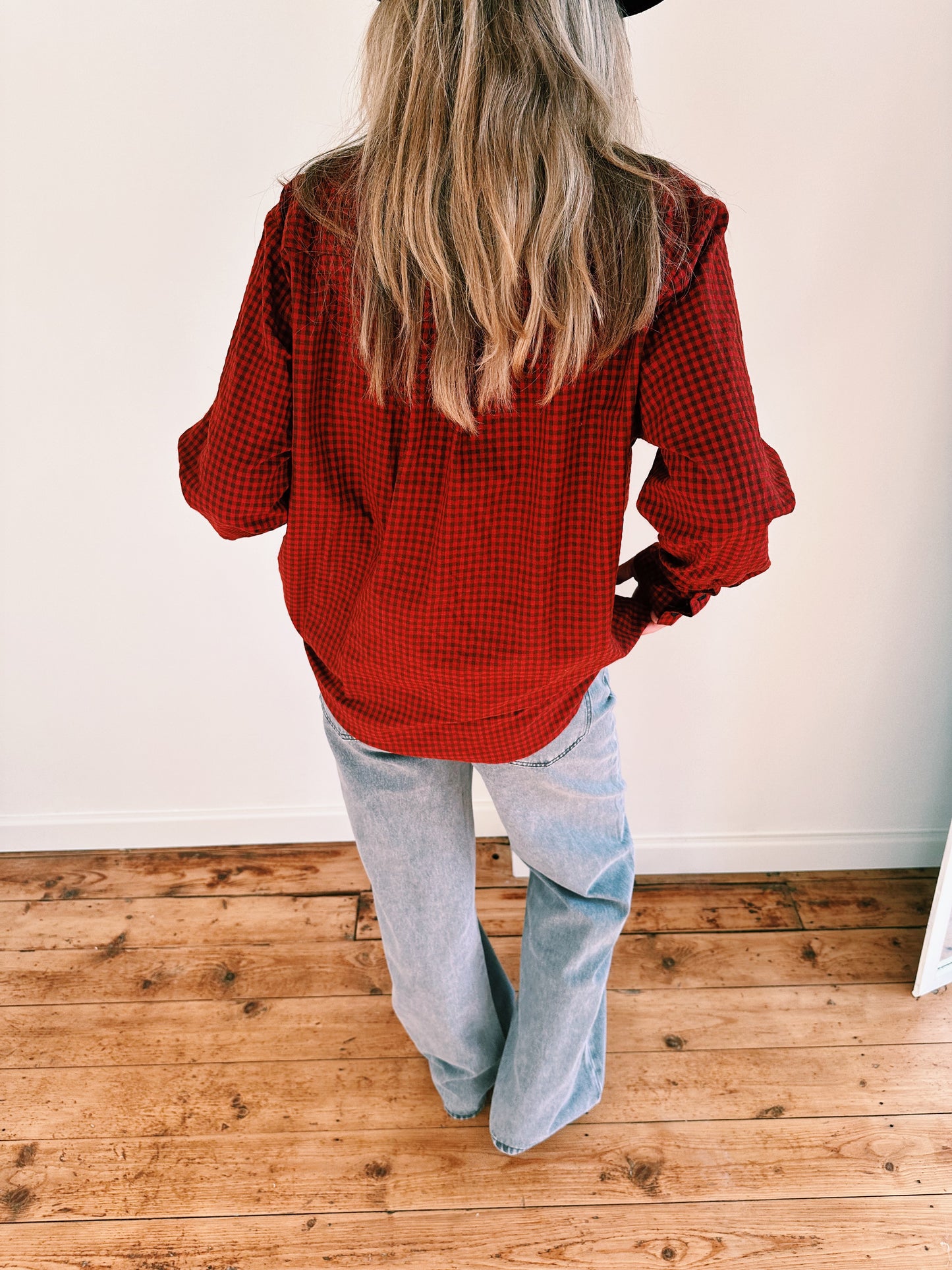 BLOUSE - SW BRUIN/ROOD GEBLOKT
