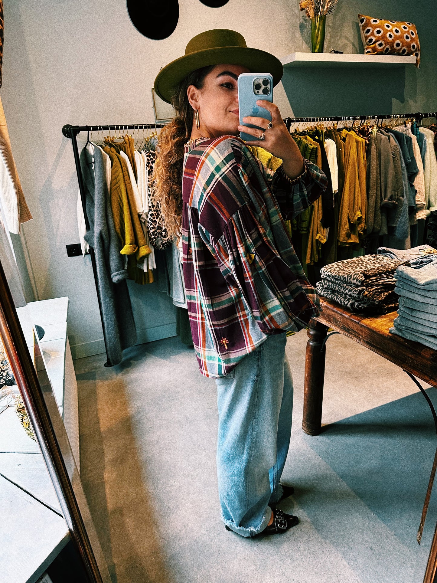 BLOUSE - PAARS/BLAUW GEBLOKT
