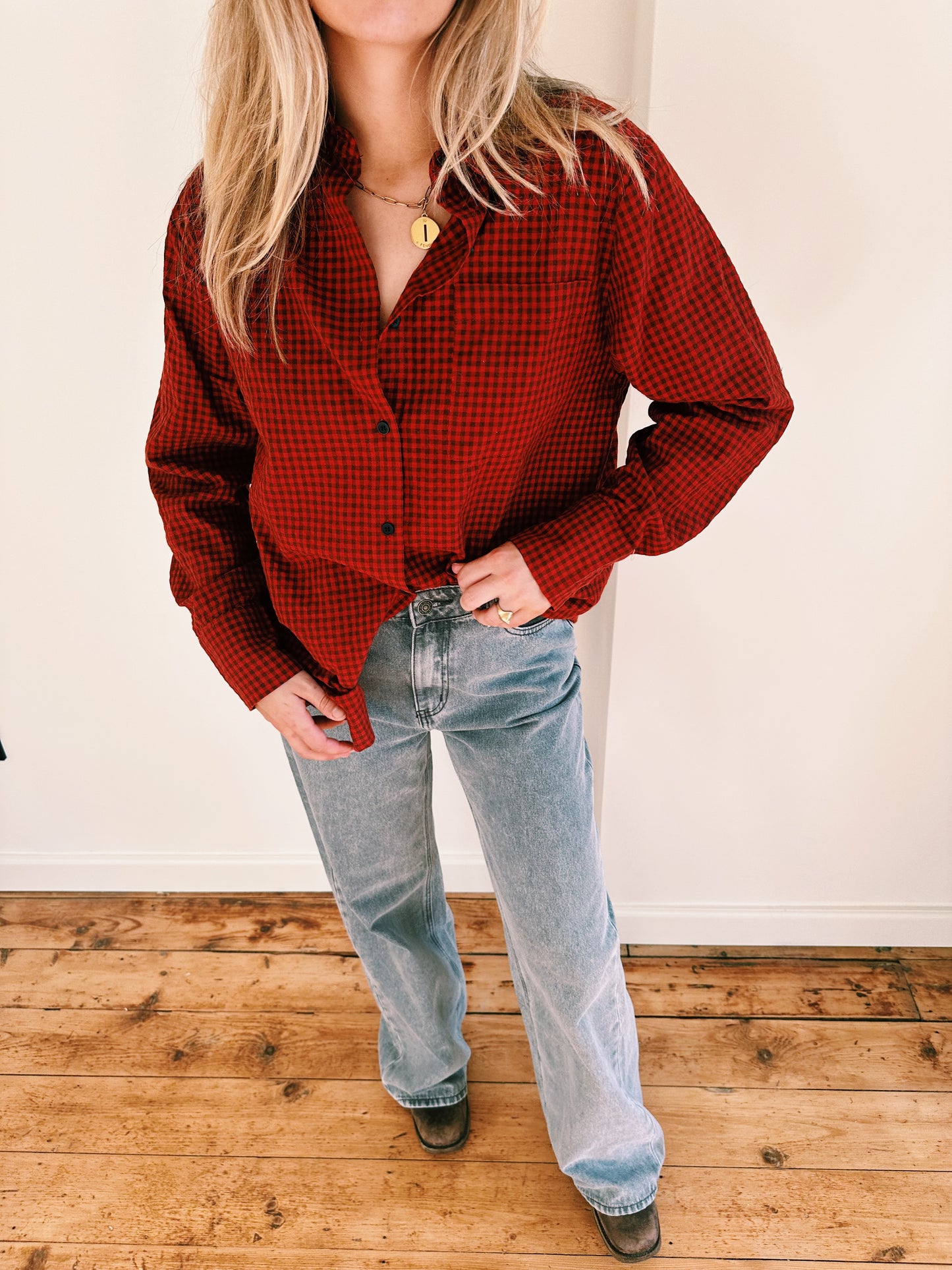 BLOUSE - SW BRUIN/ROOD GEBLOKT