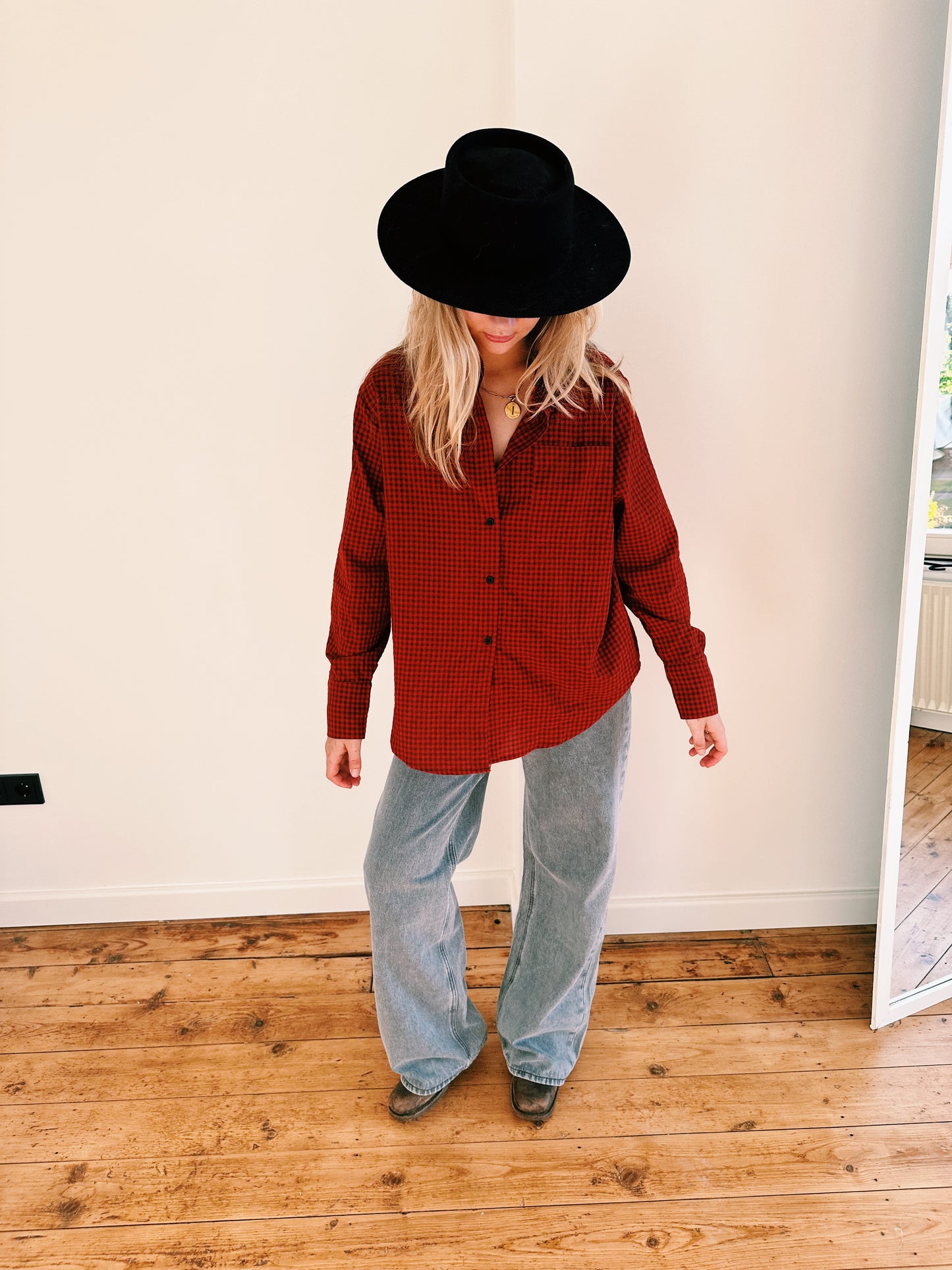 BLOUSE - SW BRUIN/ROOD GEBLOKT