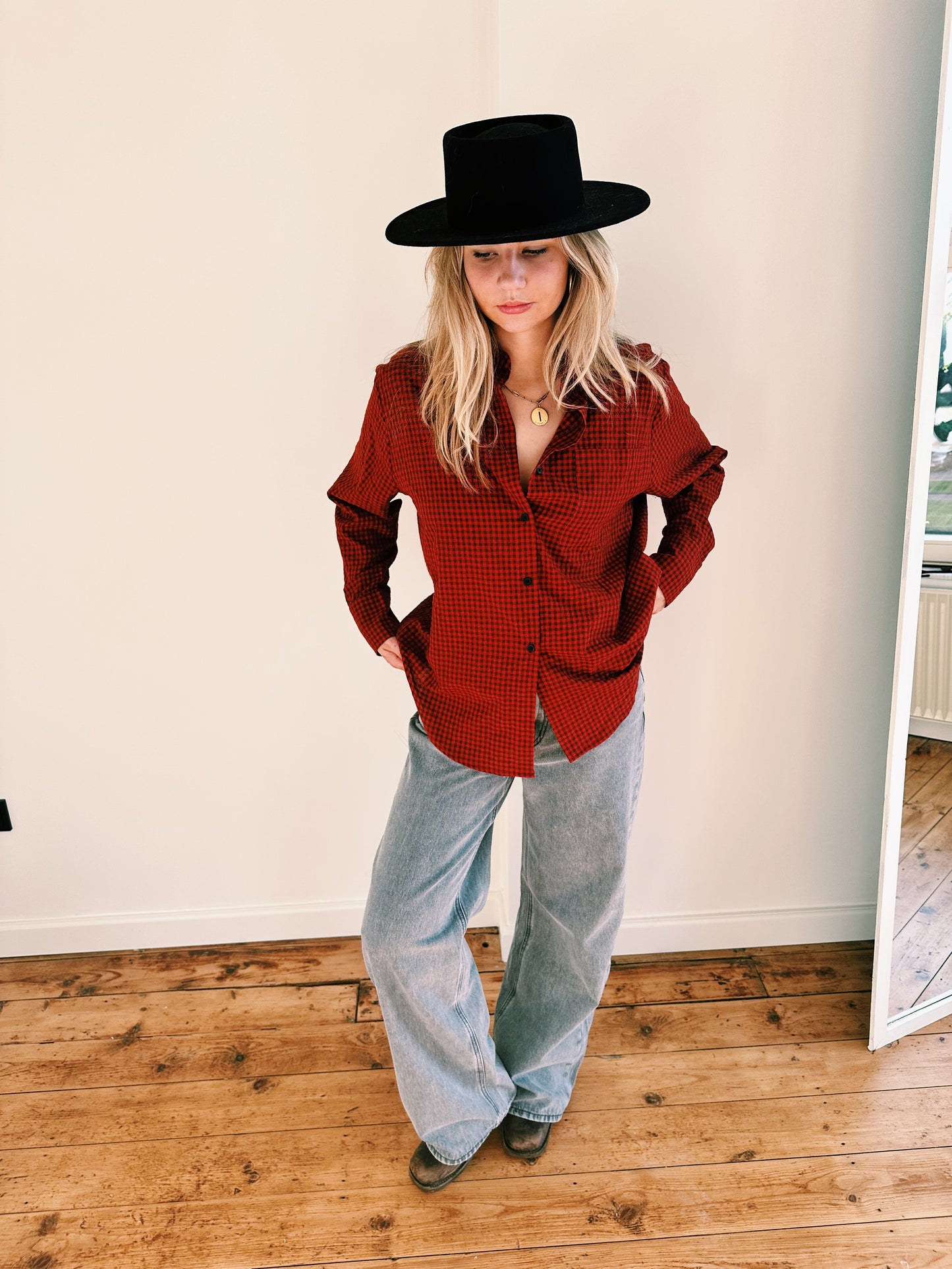 BLOUSE - SW BRUIN/ROOD GEBLOKT