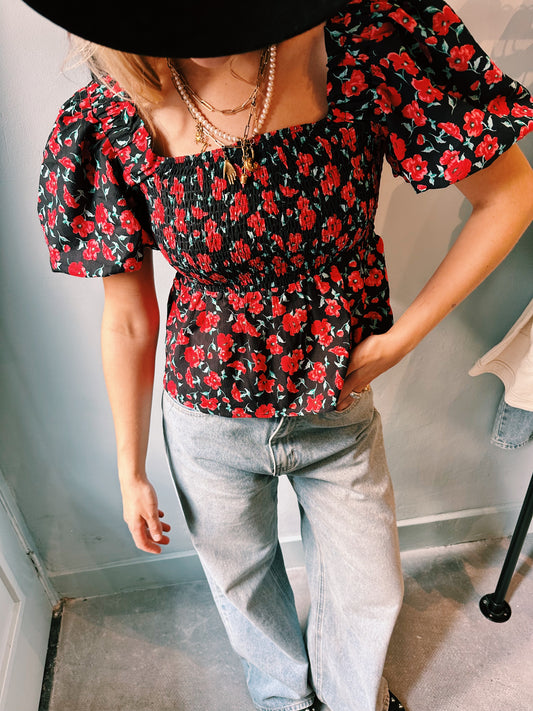 BLOUSE - POFMOUW ZWART ROOD